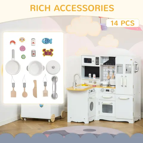 Qaba Unisex Kids Kitchen Set - Corner Pretend Play Playset with Cooking Set, Appliances (Range Hood, Microwave, Oven, Stove, Refrigerator, Telephone) & Sound Effects, Improves Motor Skills, Encourages Imaginative Indoor Play for Toddlers, Gift Idea