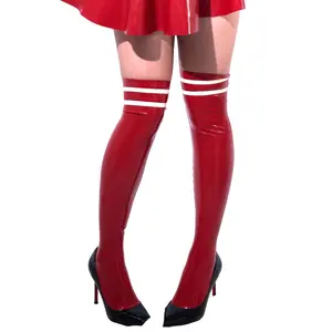 Latex Knee-High Socks for Women - Red with White Stripes, Comfortable and Stylish Footwear
