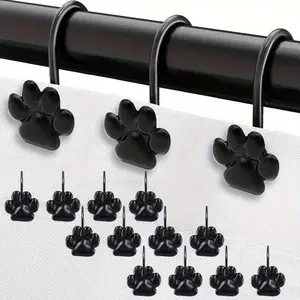 12PCS Cat Paw Print Decorative Shower Curtain Hook, Footprints Roller Glide Shower Curtain Hooks Polished Chrome Shower Rings for Bathroom Shower Curtain Rod