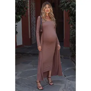 Mocha Ribbed Sleeveless Dress Cardigan Maternity Set