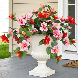 Artificial Flowers for Outdoors - 2 Bunches UV Resistant Fake Hibiscus with Realistic Silk Leaves for Home Patio Garden Decor (Red, Pink)