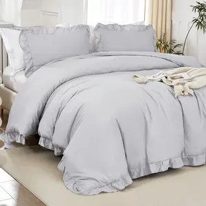 Light Grey Queen Comforter, 3 Ruffle Farmhouse Aesthetic Comforter, Lightweight Fluffy Microfiber(90x90In Comforter, 2 Pillowcases)