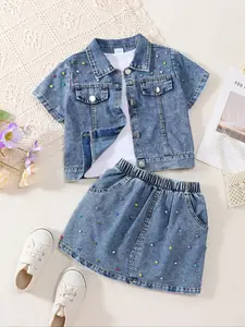 Girls' Fashion Summer Denim Three-Piece Set, Includes T-Shirt + Washed Jean Short Sleeves + Skirt (3 Pcs), Casual Daily Wear