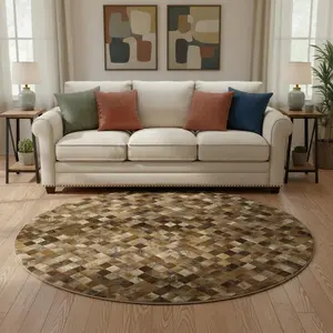 HomeRoots 644655 8 ft. Brown, Beige & Coffee Geometric Washable Round Area Rug with UV Protection