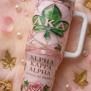 Alpha Kappa Alpha Tumbler with Handle – AKA Sorority Luxury Mug, Pink & Green Stainless Steel Cup, Perfect AKA Gift