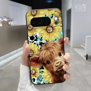 Cute Highland Cow Pattern Rounded Edge Phone Case for Google Pixel 10 9 XL 8 7 Pro A Shockproof Drop Protection Rugged Durable Liquid Silicone Cover Cellphone Protective
