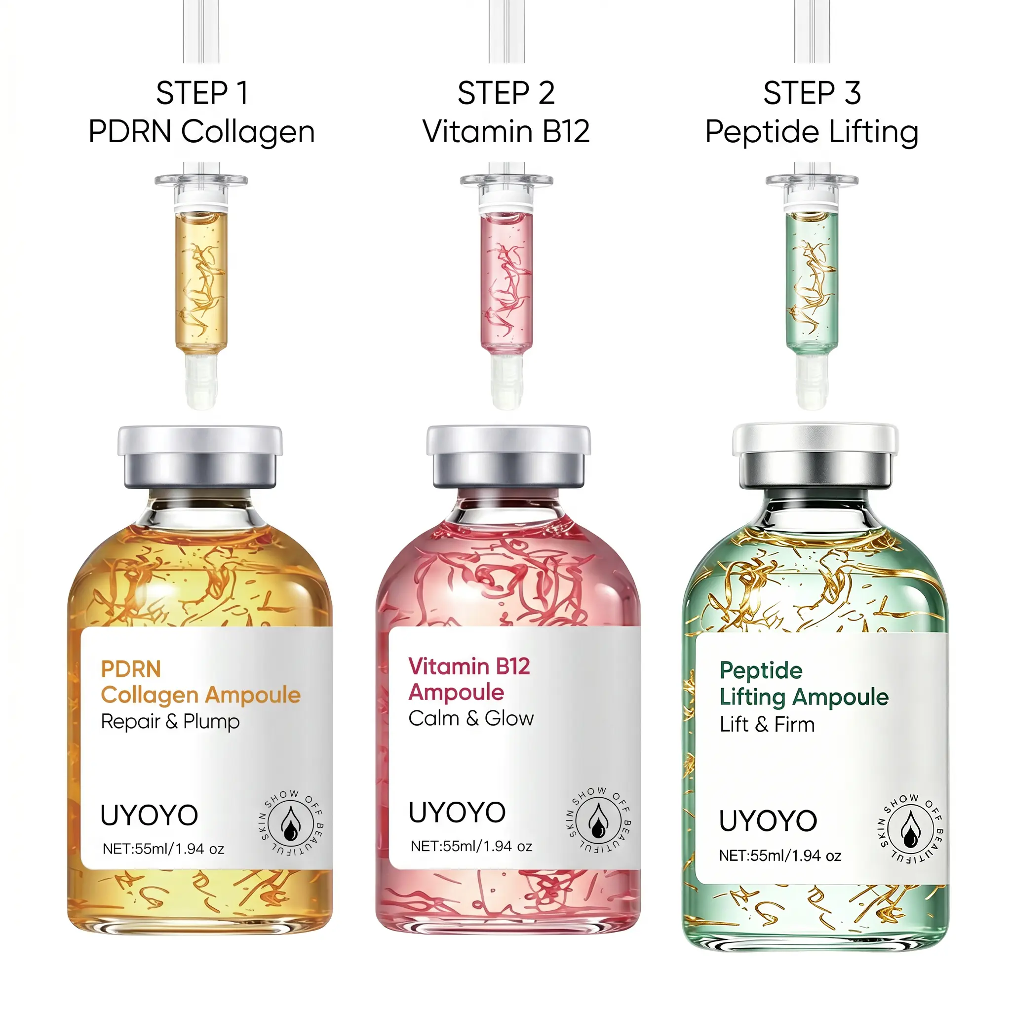 Popular Korean Skincare SetsUYOYO PDRN Triple Action Ampoule - Peptide & Vitamin Infused Skin Rejuvenation Set (3 Bottles, 165ml) Calming Daily