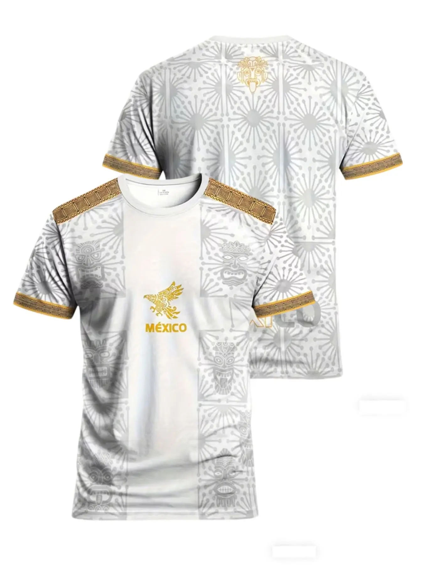 Mexican Aztec Totem Eagle Emblem T-shirt - Retro Gold Pattern Fan Memorial Athletic Style Short Sleeve, suitable for sports, team competitions, and daily casual wear, Casual Sports Tops