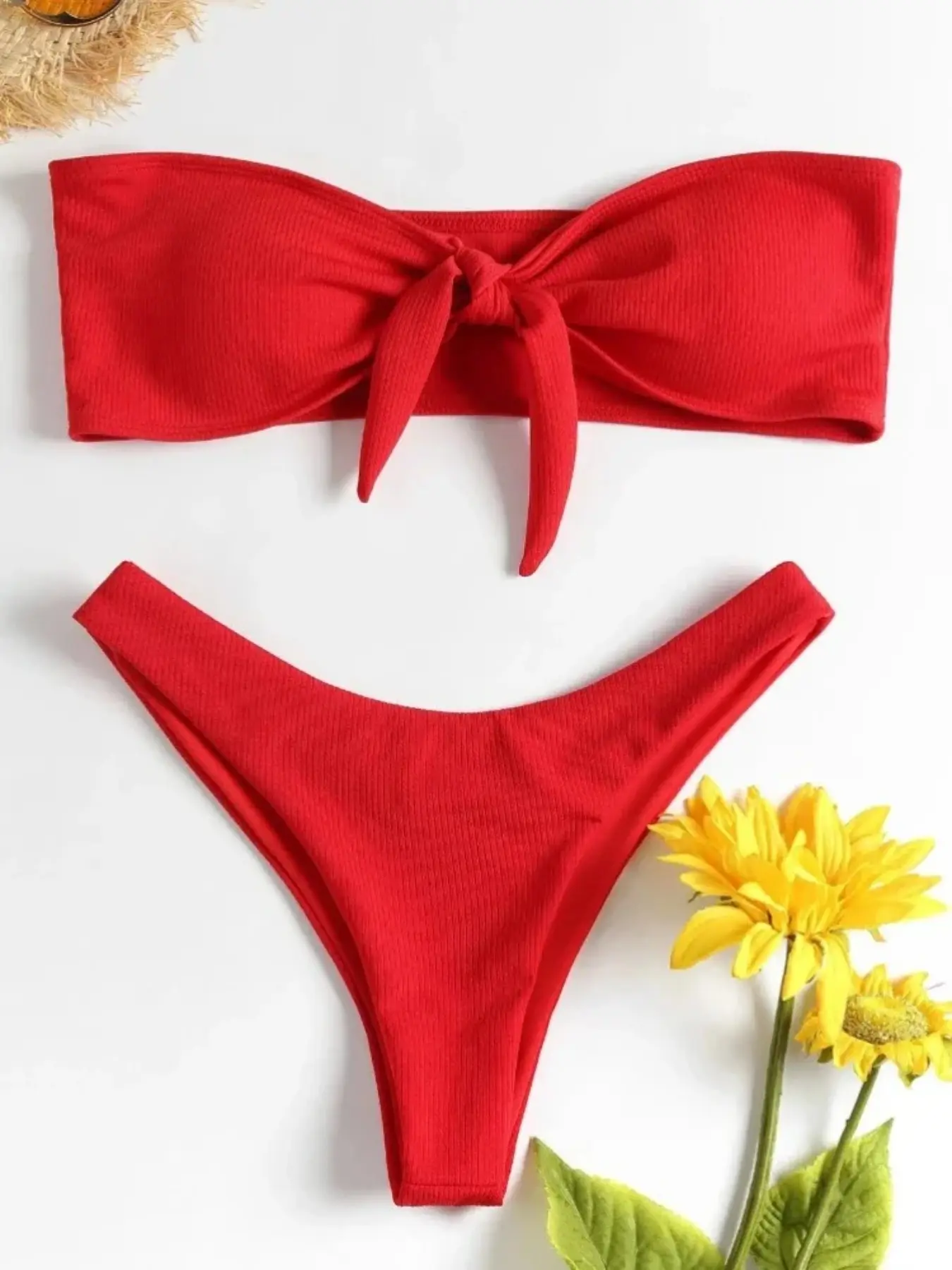 Women's Two-Piece Bikini Set, V-Neck Strapless Top & High-Slit Bottoms, Summer Beach Vacation Swimwear, Strapless Swimsuit, All Seasons Essential, Bikini Swimsuit Outfit, Summer Swimsuits
