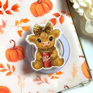 Cute Highland Cow Soda Lover Phone Grip Magsafe, Highland Cow With Bow Kindle Grip, Cartoon Cow Grip Holder, Cartoon Phone Grip, Gift for Girls Boys
