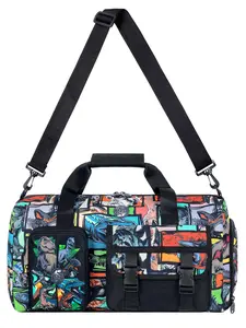 Kids Duffle Bag for Boys, Travel Bag with Shoe Compartment, Dinosaur Weekender Carry-On Personalized Tote for Sport Gym (Black)