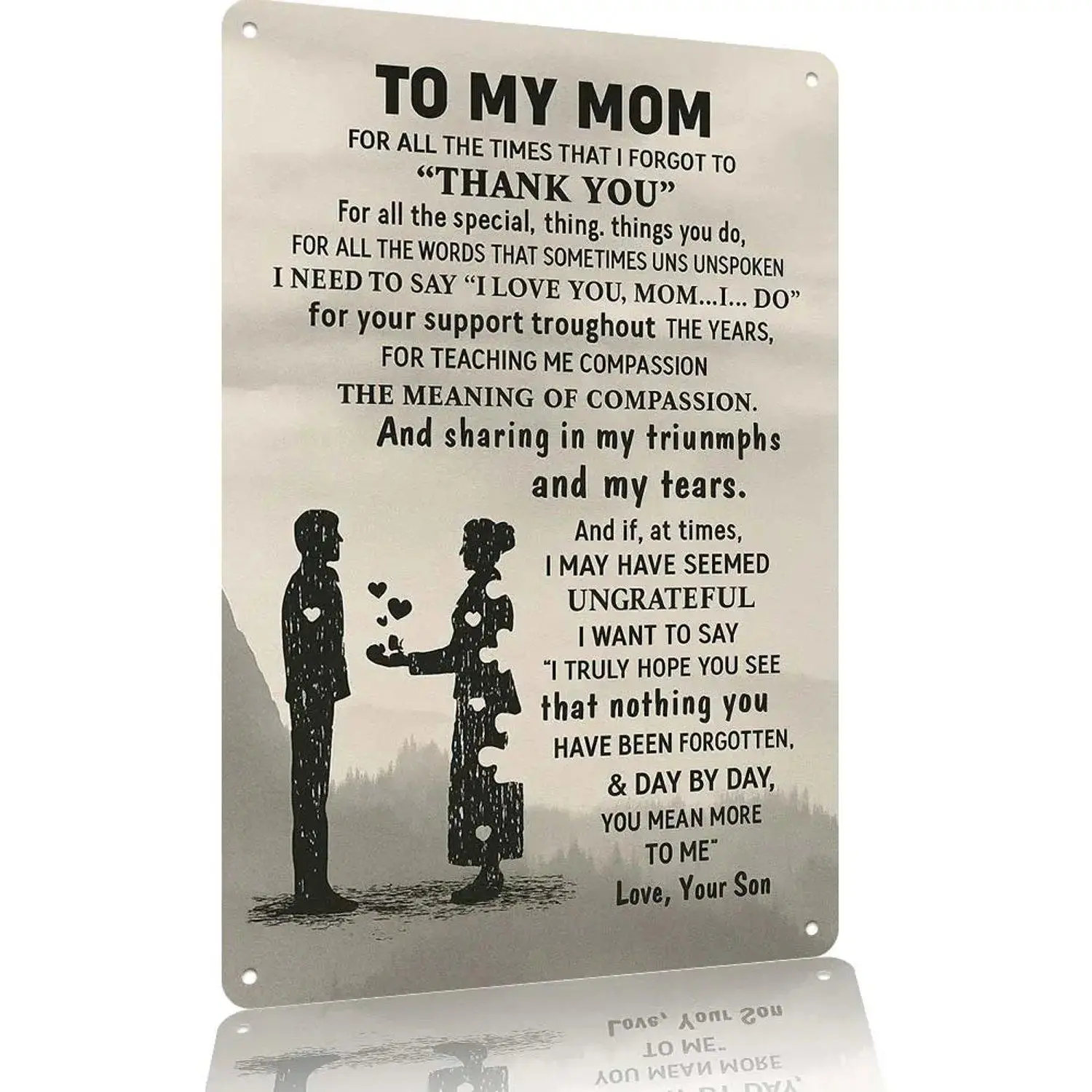 Vintage Metal 12x8 in Lightweight Landscape Wall Plaque, "To My Mom Love Your Son" Heartfelt Quote Sign, Retro Mom Birthday Gift for Home Bedroom Indoor Decoration