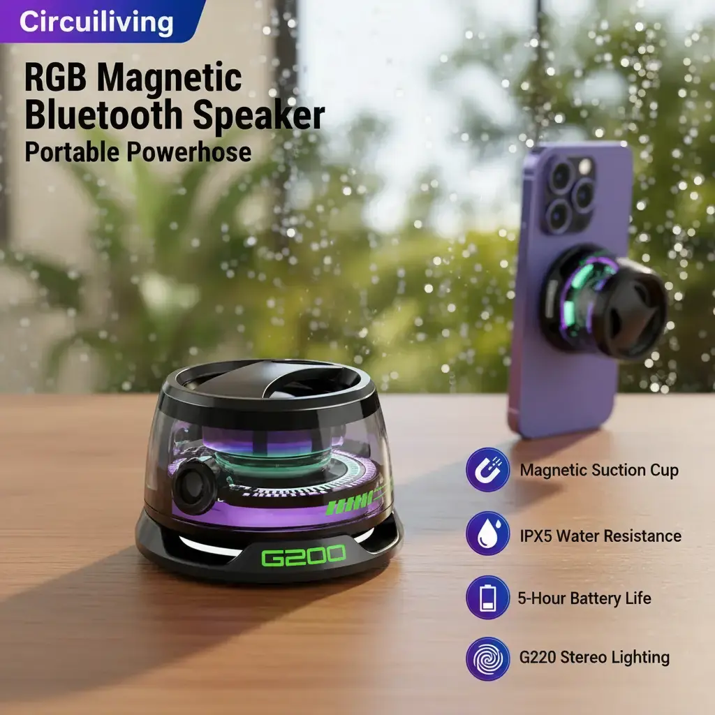 G200 RGB Magnetic Bluetooth Audio Speaker - Portable Waterproof Wireless Speaker with Strong Bass, TWS Stereo Pairing, Phone Stand Design, 5H Playtime for iPhone, Android Devices, Music, Fridge