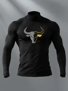 Men's Bull Graphic Turtleneck Compression Shirt, Long Sleeve Performance Athletic Top, Slim-Fit Sportswear for Training & Daily Wear, High Performance Activewear