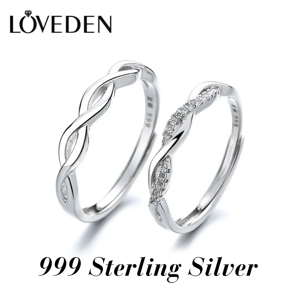 Loveden S999 Silver Twisted Infinity Couple Rings, Adjustable Open‑end Promise Matching Band, Minimalist Zircon Inset Wedding Rings for Men Women, TS0031