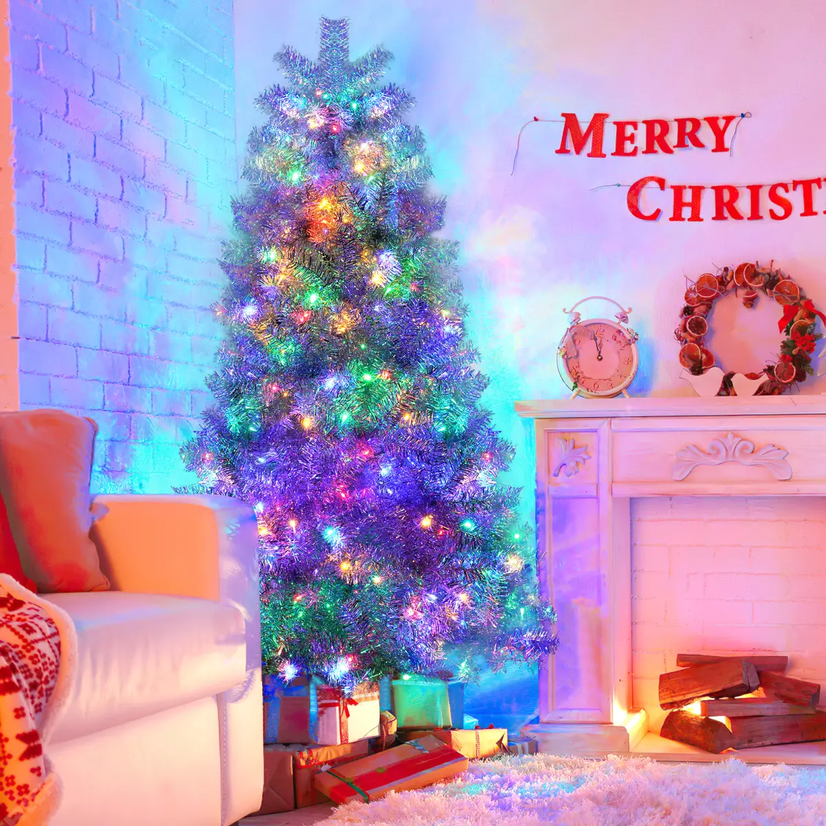 Christmas Tree, 4FT / 6FT / 7.4FT Sliver Pre-Lit Artificial Christmas Tree, Hinged Full Tree with Metal Stand, 800 Branch Tips, 300 LED Lights,11 Lighting Modes, Holiday Decoration Tree for Indoor and Outdoor