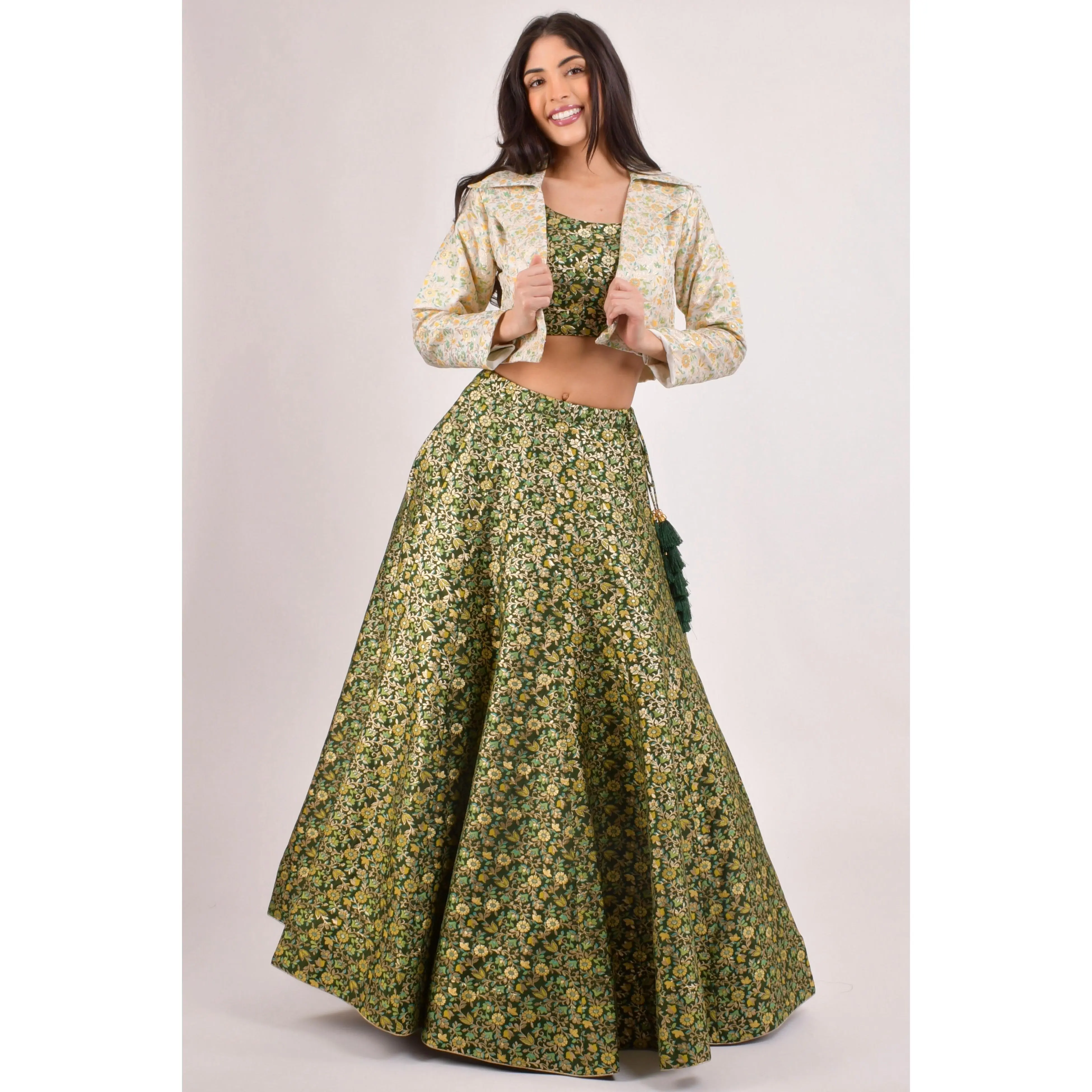 Zele Green Banarasi Lehenga Choli With Jacket