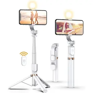 Selfie stick tripod with wireless remote, 46 ''cellphone selfie stick tripod with LED fill light, for iPhone 16/15/14/14 pro/13/13 pro/12/11/11 pro/Xs Max/xs/xr/X/8/7 and Android smartphone (upgrade)