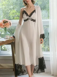 Women's Satin Lace Sleepwear Set, Fitted Long Sleeve Backless Design, Comfortable Chic Home Wear, Elegant Nightgown & Robe Combo, Loungewear