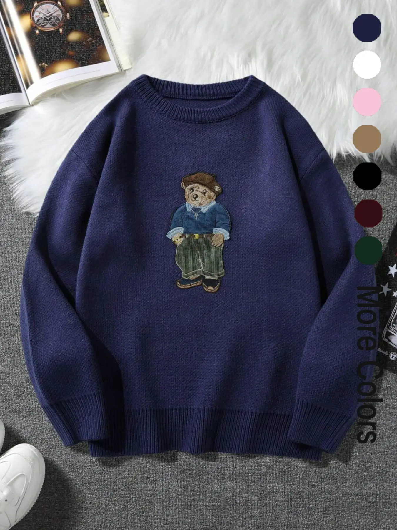 Unisex Cartoon Bear Print Crew Neck Sweater, Casual Loose Long Sleeve Jumper for Fall & Winter, Fashion Ladies' Knitwear for Daily Wear