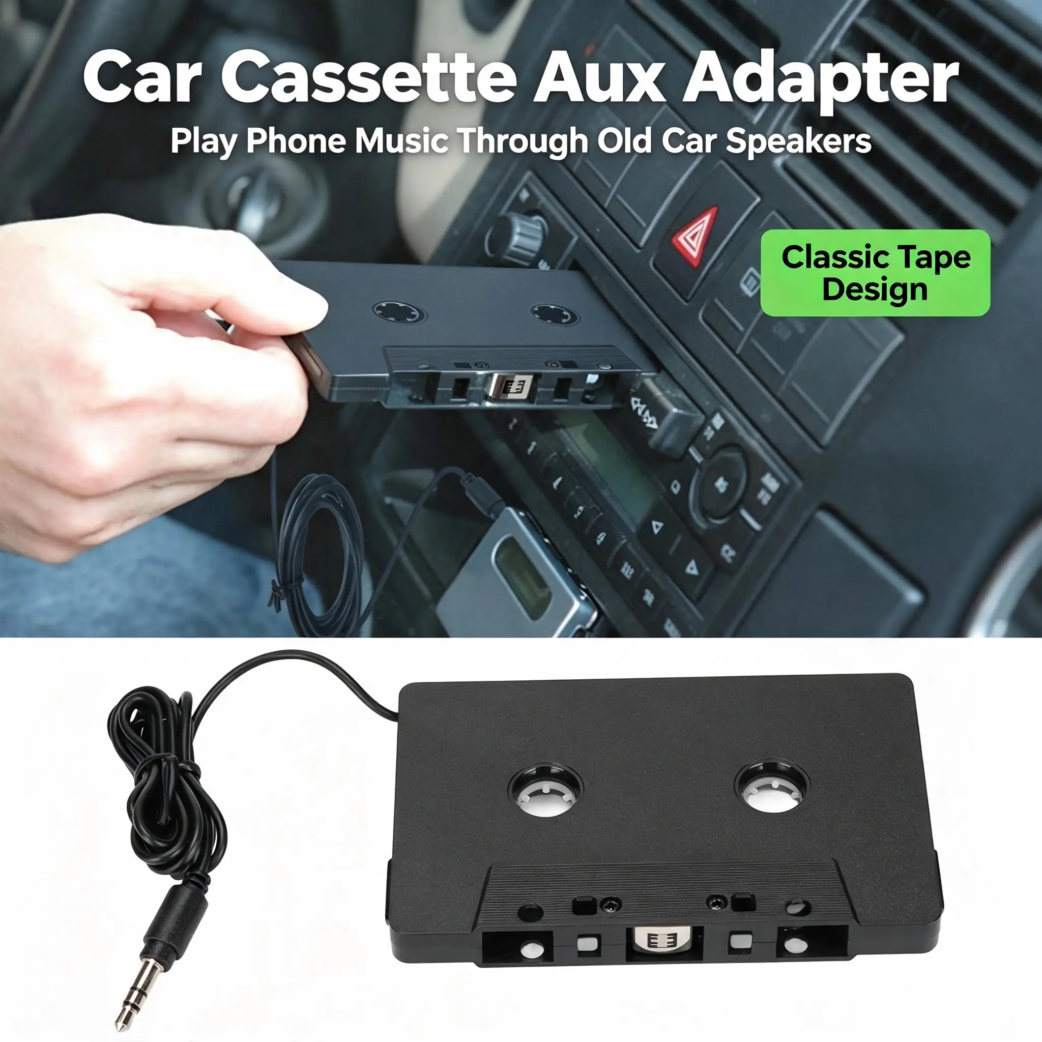 Car Cassette Aux Adapter, Classic Design 4 Channel Tape Audio Converter, 3.5mm Jack Reliable Performance for Phones Tablets Car Speakers
