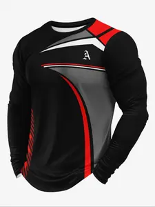 Men's Sport Long Sleeve T-Shirt, 3D Print Casual Fitted Top, Patchwork, Round Neck, All Seasons Wear, Athletic Sports Clothing