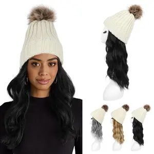 Knitted Beanie Wig, Hat Hair Extension Wavy Curly White Hat Wig with Faux  Pom 12 Inch Synthetic Hairpiece for Women Girls Winter - Black