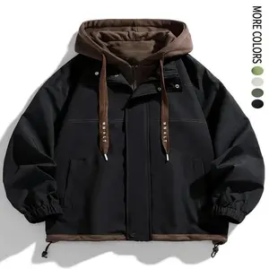 Men’s colorblock letter pocket drawstring hooded jacket, regular fit casual windproof long-sleeve hoodie jumper for fall and winter, men’s everyday wear, fall clothes 2024 tops, waterproof jacket for