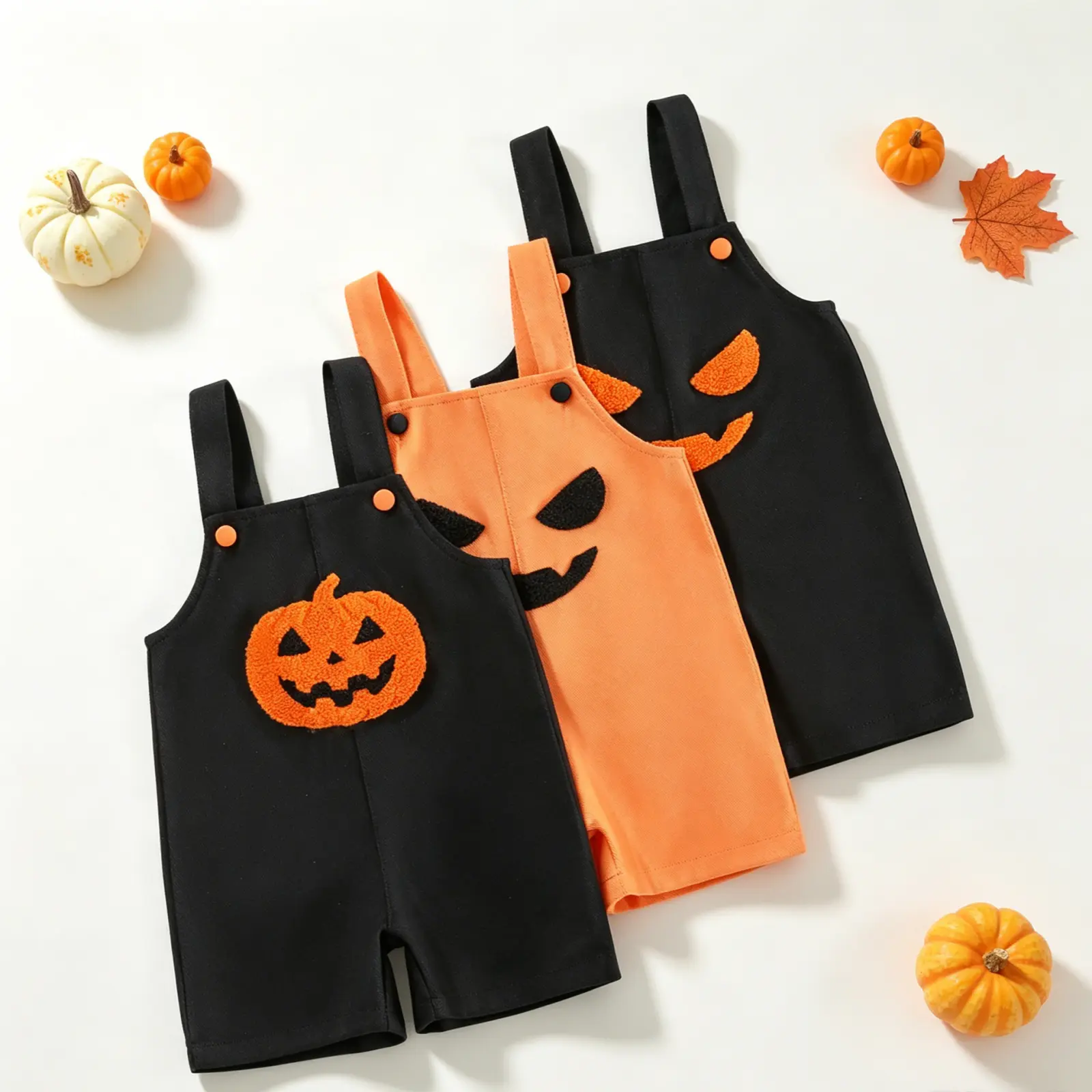 Halloween Baby Overalls Shorts Pumpkin Smile Face Embroidered Rompers Sleeveless Jumpsuits Bodysuits for Toddler Girls Boys