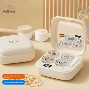 Ultrasonic Contact Lens Cleaner Rechargeable with Vanity Mirror - Portable Compact Case Hard & Soft Lens Compatible, 3 Deep Cleaning Modes, On-the-Go Daily Care Sanitizer for Travel Sports Office Home Use