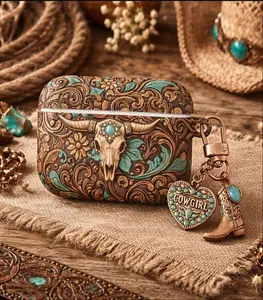Long Horn Bull Skull Western Cowgirl Floral AirPods Case - Turquoise Tooled Leather Print Cover for AirPods Gen 1, 2, 3, 4 with Mexican Rustic Design