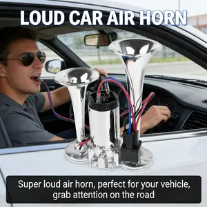 12V Dual Trumpet Air Horn Super Loud with Air Compressor Zinc Alloy Chrome Finish Universal Vehicle Horn for Car Truck SUV Motorcycle Boat