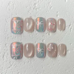 [Dream Glow] Short Square Handmade Press on Nails, Fake Nails with Nail tool kit with Jelly Stickers, Reusable, Durable