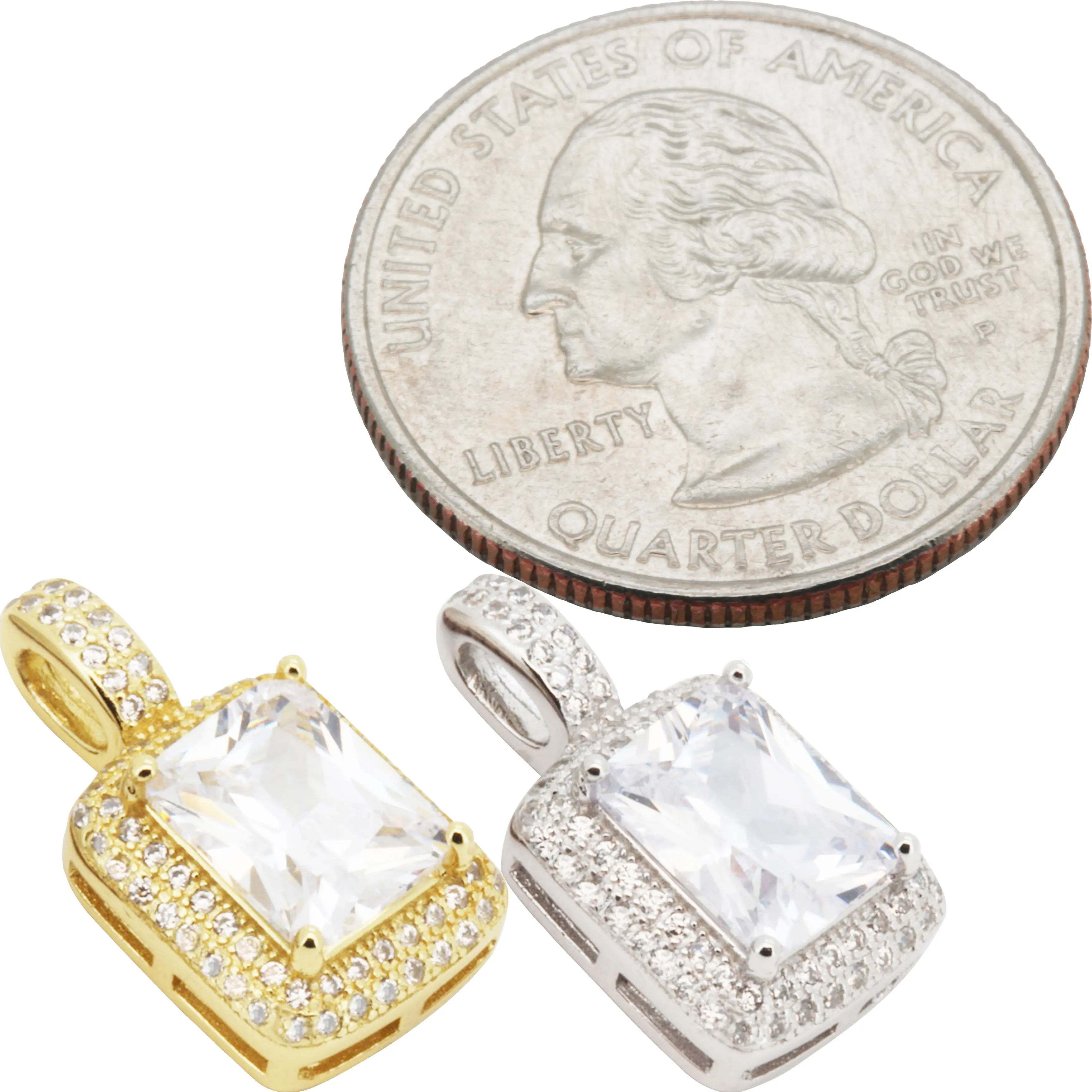 925 Sterling Silver 14k Gold Vermeil AAA Cubic Zirconia Rectangle Halo Pendant