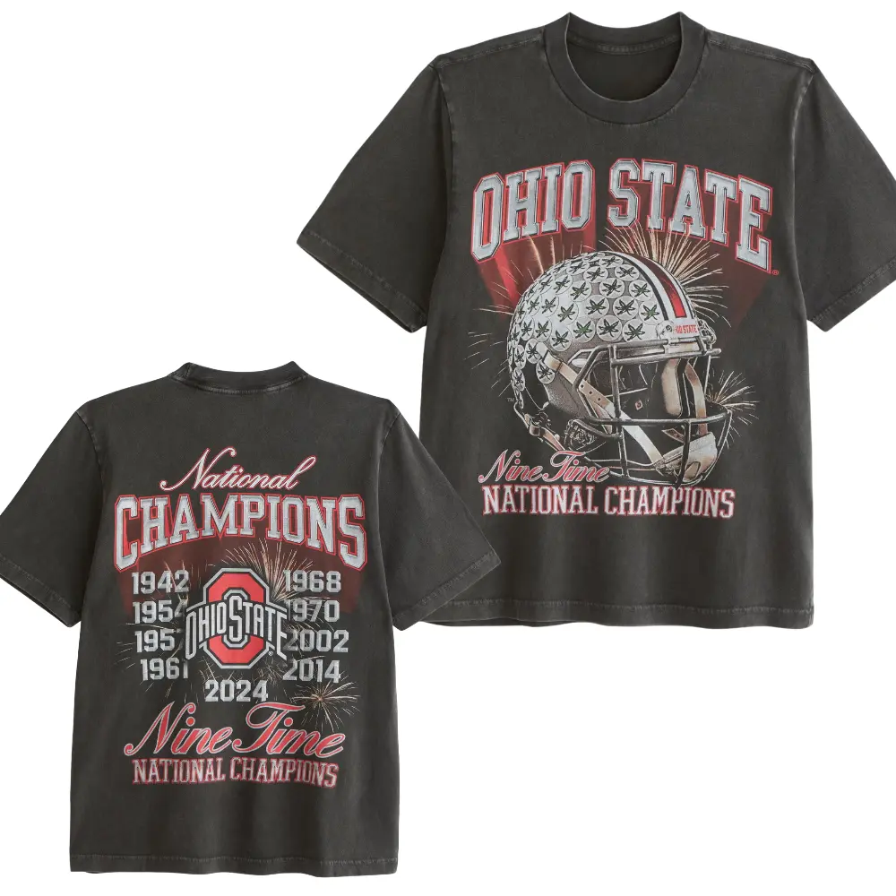 Vintage Ohio State Football T-Shirt, Retro Nine Time National Champions Helmet Graphic Print Soft Cotton Tee, Unisex Fit for Men & Women, Perfect Gift for College Football Fans