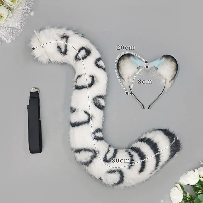 Handmade Snow Leopard Furry Ears Headband-Tail Set, Cute Plush Cosplay Accessories, Costumes for Night Party & Exhibition Props