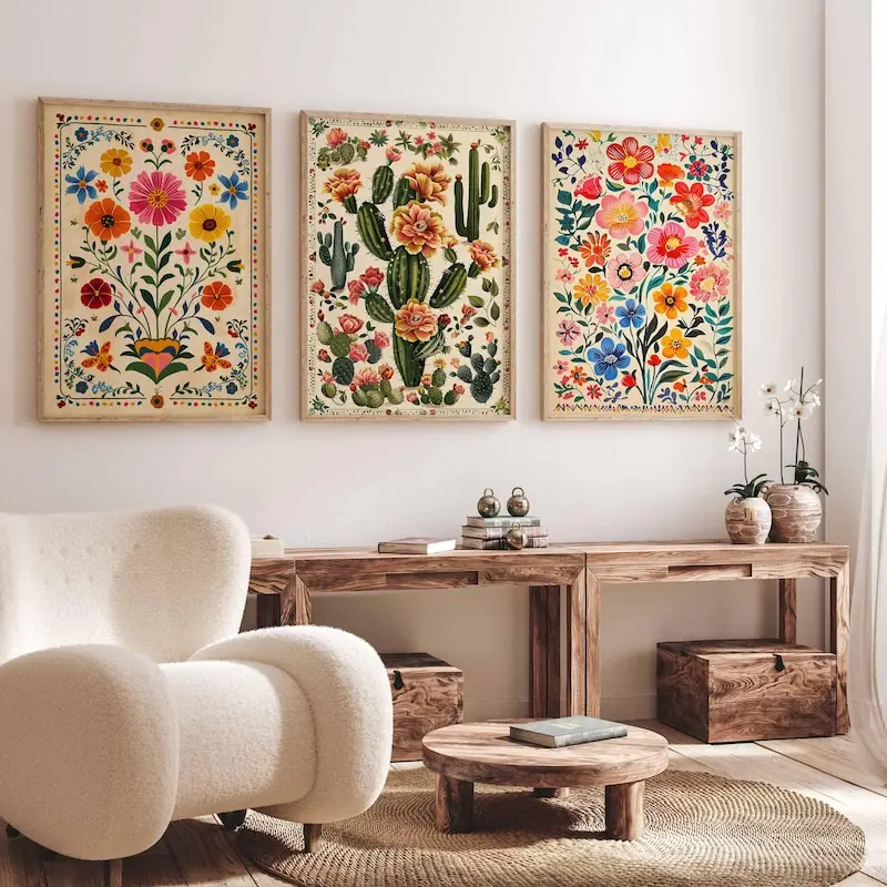 Vintage Set of 3 Mexican Posters, Mexican Prints, Mexican Decor, Traditional Latin Decor, Floral Print, Botanical Wall Art, Tropical Print