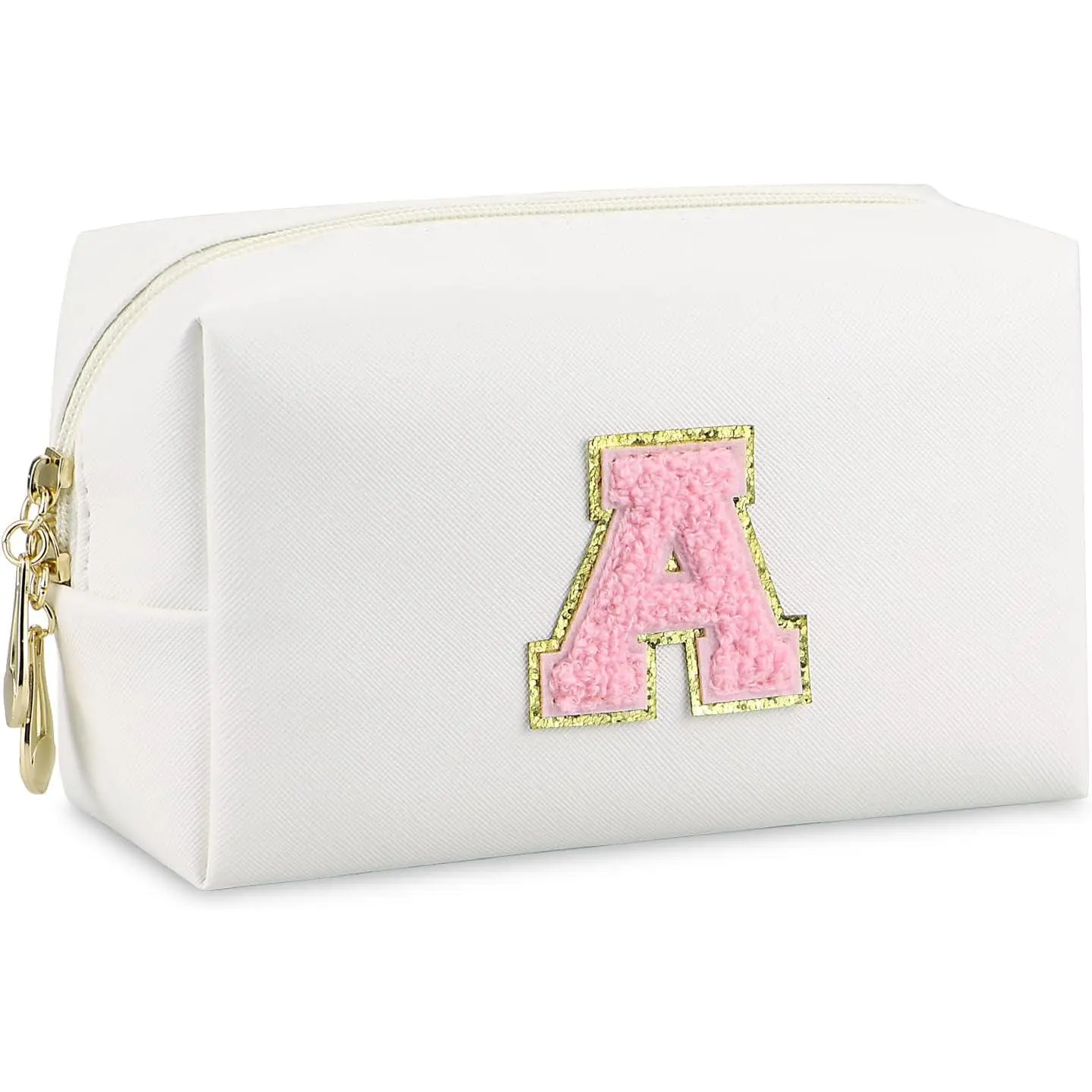 Initial Makeup Bag,Personalized preppy bag  PU Leather Chenille Letter  Bag,Portable Travel Toiletry Bag Monogram Birthday  for Women Girls Mom Friends (Letter A)