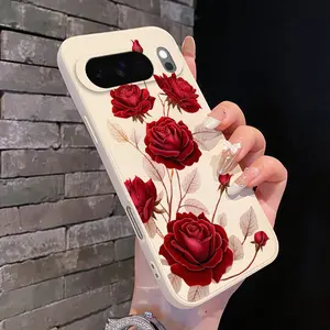 Rounded Edge Phone Case for Google Pixel 10 9 XL 8 7 Pro A Blooming Red Roses Pattern Pocket-Friendly Shockproof Liquid Silicone Protective Soft Smartphone Casing