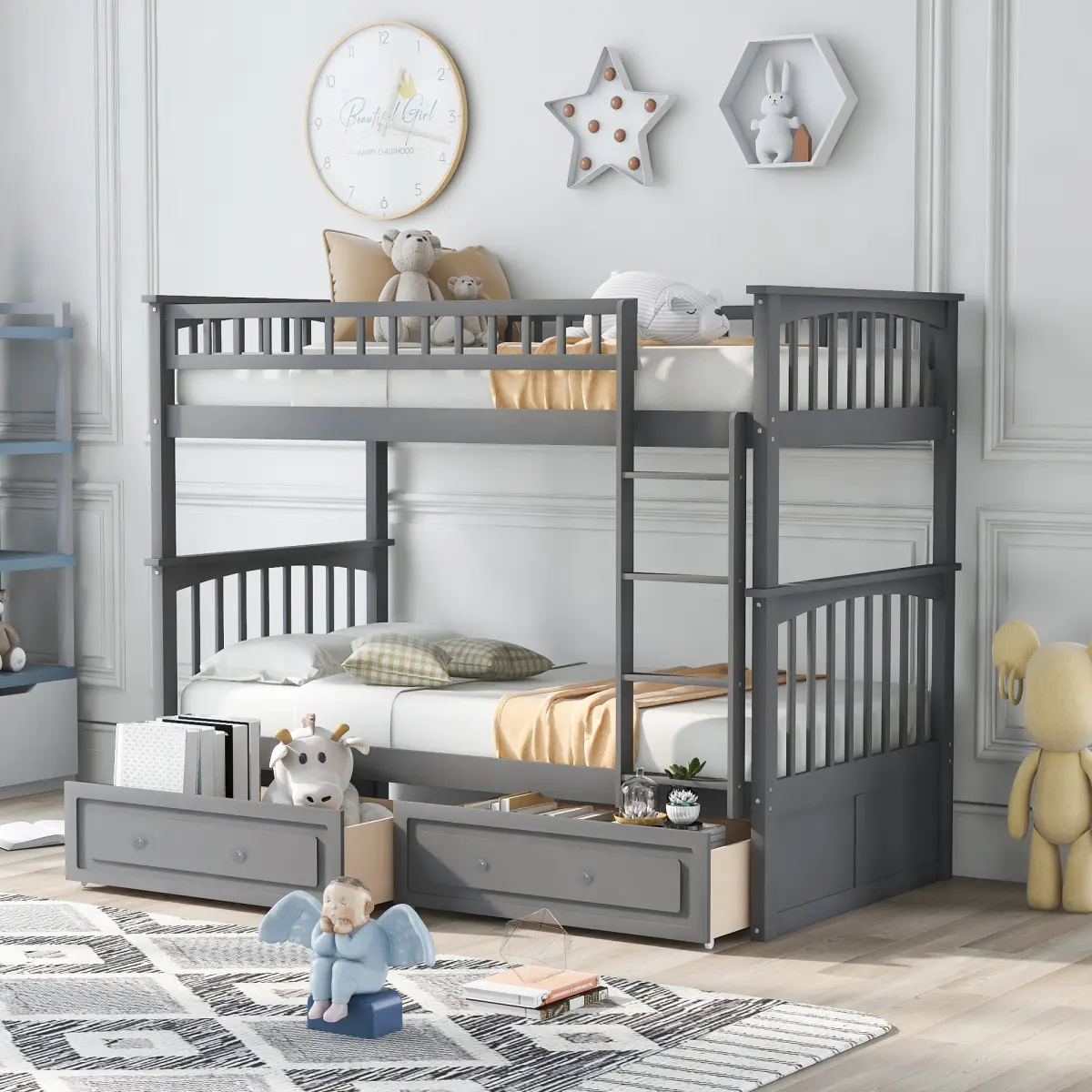 Aobtkel Twin Over Twin/ Full over Full /Twin over Full Bunk Bed with 2 Storage Drawers, Convertible Detachable Wood Bunk Bed Separates into 2 Twin Beds, Safety Guardrails, No Box Spring Needed for Kids Teens, Shared Bedroom, Guest Room and Small Spaces