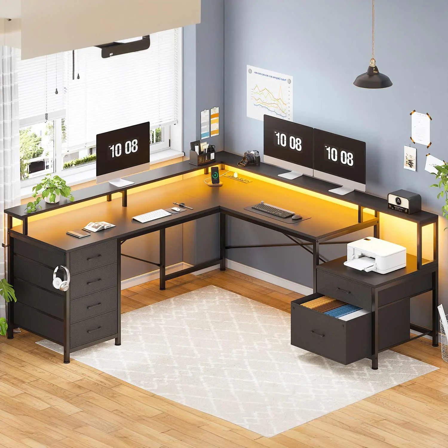 Sedeta 108-Inch Modern L-Shape Waterproof Wood-Metal Corner Gaming Desk - Office Furniture Set, 2-User Work from Home Workstation, 6 Drawers, Power Outlet, Dual Monitor Stand, LED Light, Filing Cabinet, 1 Notebook Capacity, Metal Frame, Assembly Required