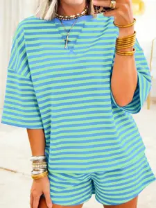 Women's 100% Cotton Striped Two-Piece Set, Casual Short Sleeve Top & Shorts, Comfy Summer Loungewear Outfit