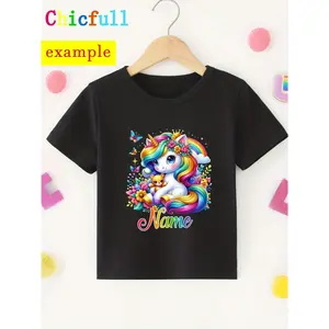 Custom Name Colorful Unicorn Print | Casual Crew Neck T-Shirt for Girls, Slight Stretch Fabric, Perfect for Spring/Summer