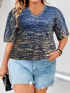 Plus Size Vintage Leopard Print V-Neck Mid-Sleeve Women T-Shirt, Casual Versatile Everyday Loose Fit Top, Comfortable, Stylish and Feminine Womenswear Clothing