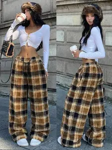 Women's Plaid Drawstring Pants, Casual Fitted Long Trousers, Comfortable Natural Waist, Versatile Street Style, All Seasons Wear
