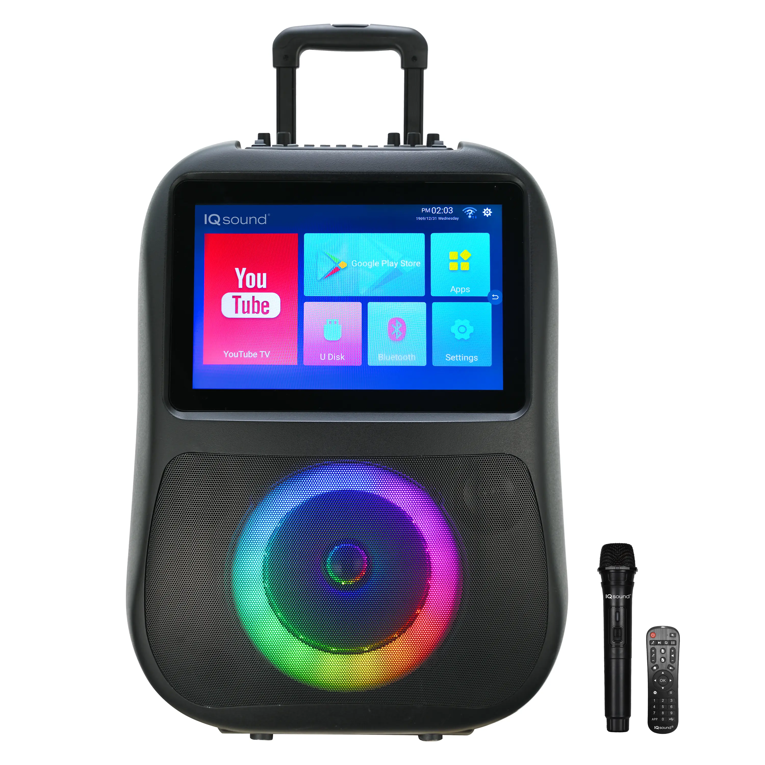 SUPERSONIC IQ Sound IQ-1506WK Rechargeable Portable Karaoke System with 14.1" Touchscreen, 8" Audio Speakers, Android 12, Bluetooth 5.0, Colorful LED Lights, Wireless Mic, Remote Control