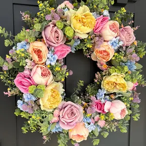 Spring Colorful Wreath, 18-Inch Multi-Color Peony and Rose Wreath, Farmhouse Style Front Door Decor, Home Decoration Essentials