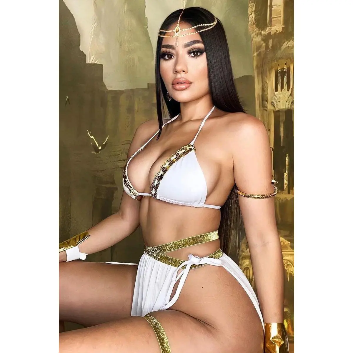 Gold White Strappy Sequin Sexy Goddess 5 Piece Costume Gold White Strappy Sequin Sexy Goddess 5 Piece Costume