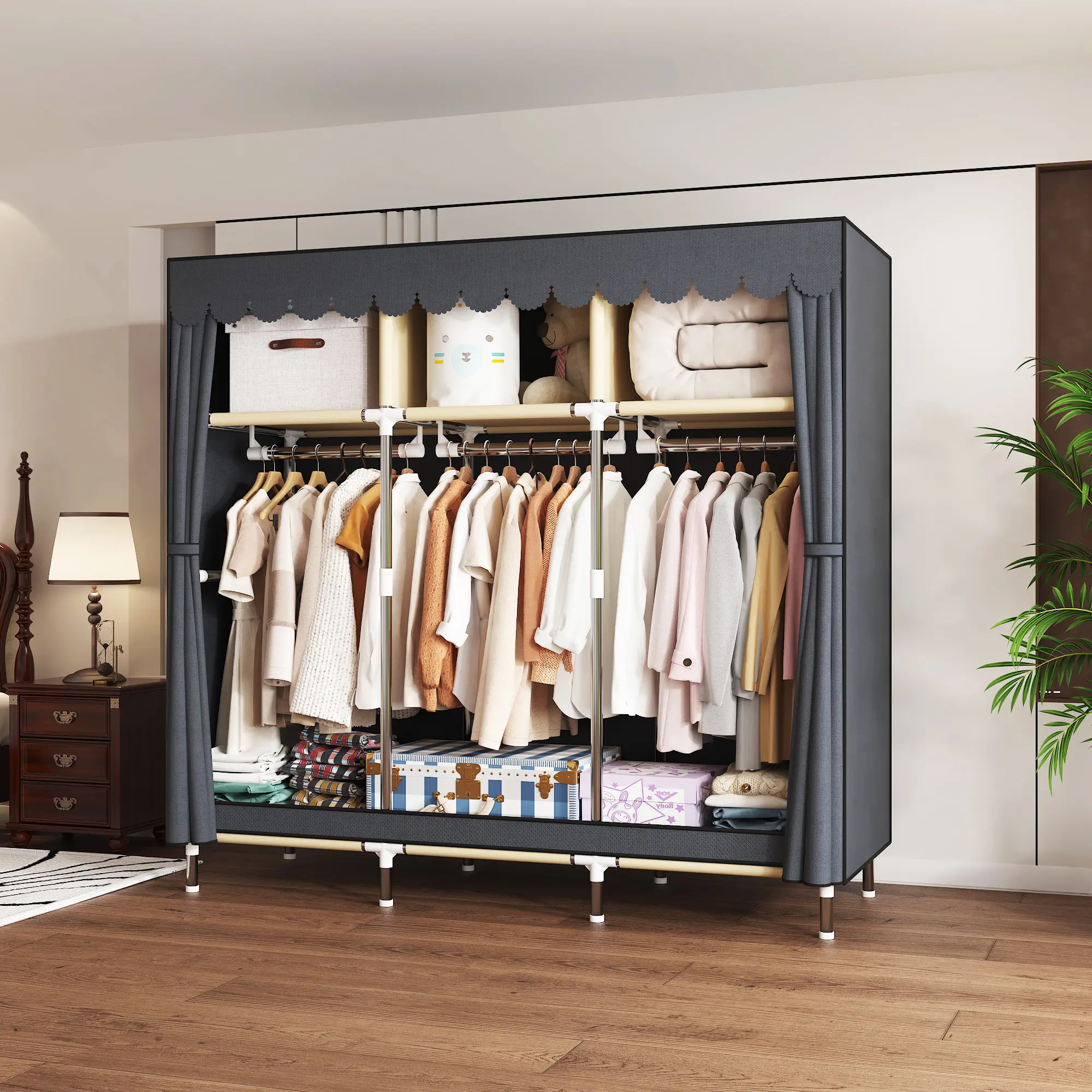 51.18in Portable Closet Wardrobe with Curtain Doors, Multi-Color Options, 16mm Steel Pipe Sturdy Clothing Organizer, Dustproof Storage for Bedroom & Dorm