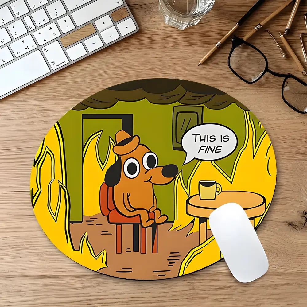 "This Is Fine" Cute Dog Design Round Gaming Mouse Pad, Computer Mouse Pad, Desktop Decorative Protective Pad, Rubber Anti-slip Lockedge Work Pad, Small Size Suitable for Laptop, Desktop Games, Work, Gaming Accessory, Mousepad
